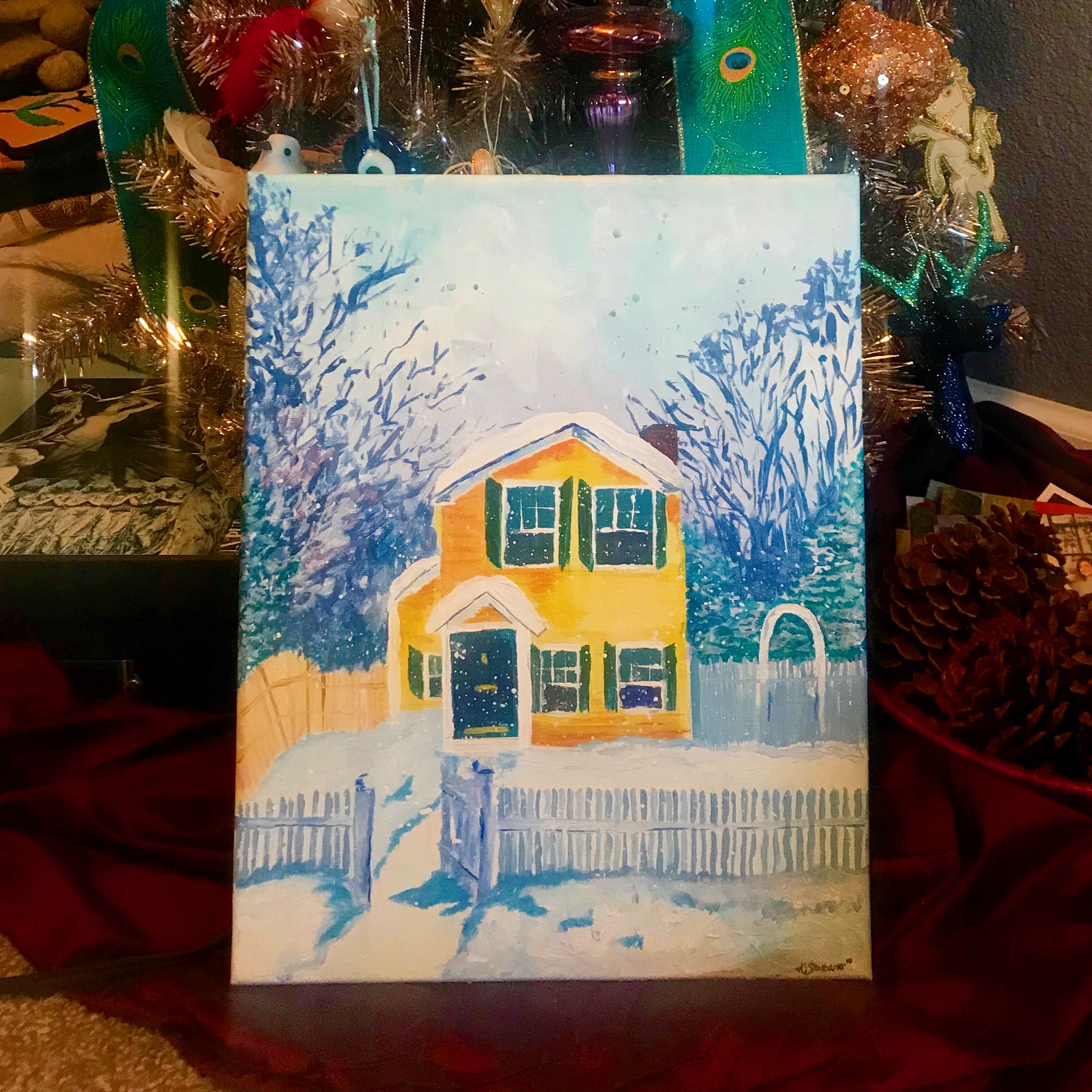 Boston, Massachusetts - watercolor colonial home snowy day