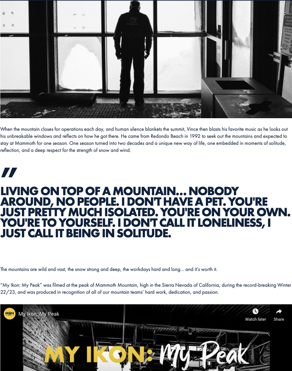 my ikon my peak about employee living at the top of mammoth mountain